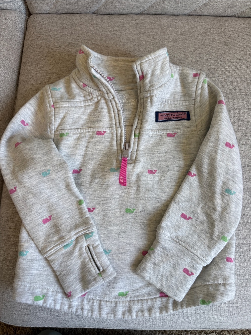 Vineyard Vines Gray 2T Shep 1/4 Zip Pullover with Pink, Mint & Green Whale Print